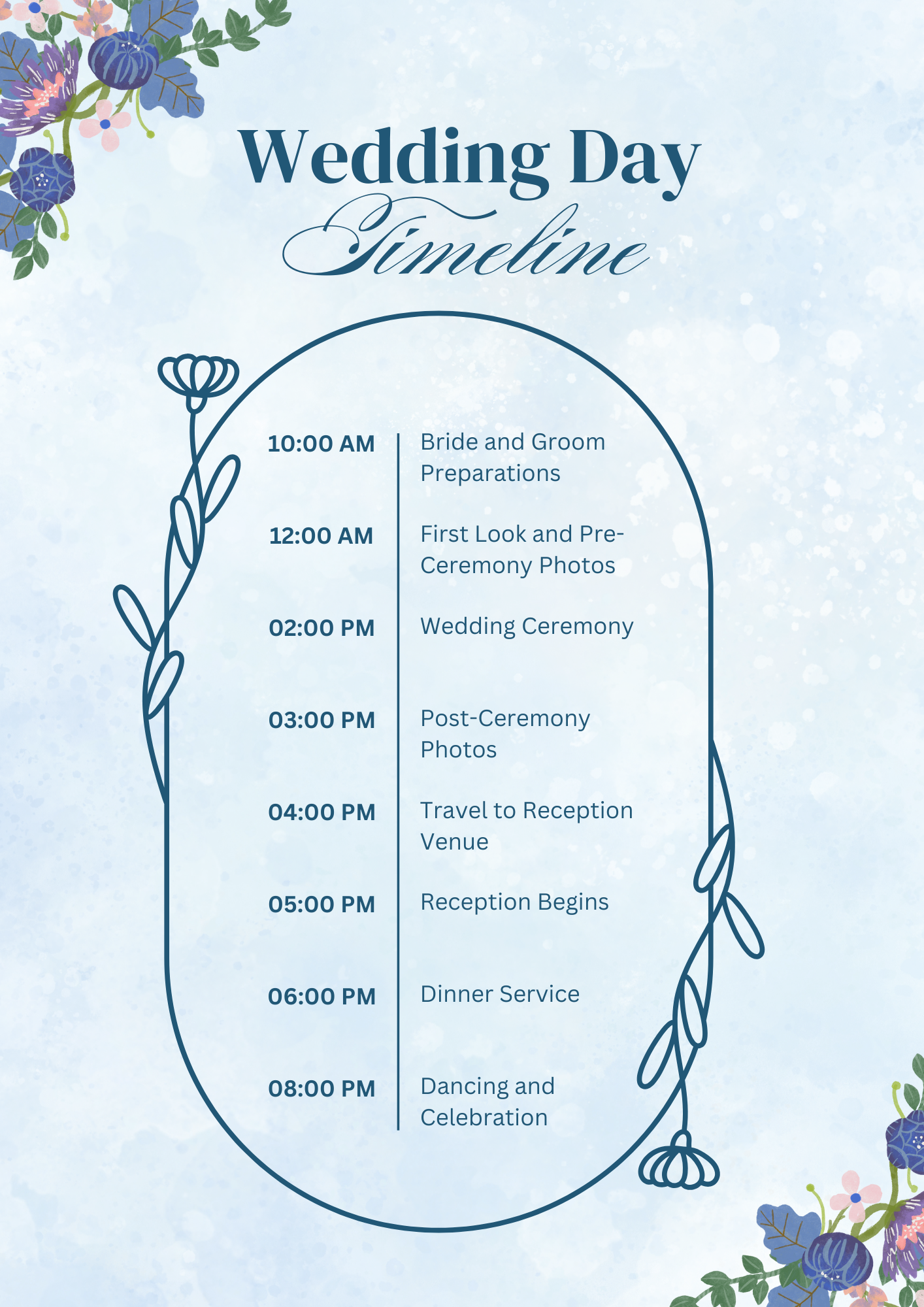 Blue Floral Wedding Day Timeline